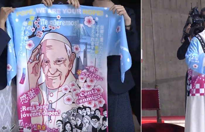 Pope dons traditional coat with anime image of his face to greet the Japanese