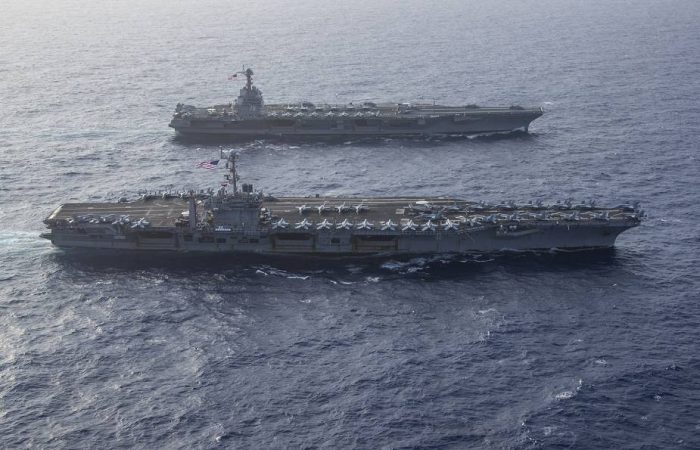 US Navy Ford-class, Nimitz-class aircraft carriers have operated together at sea