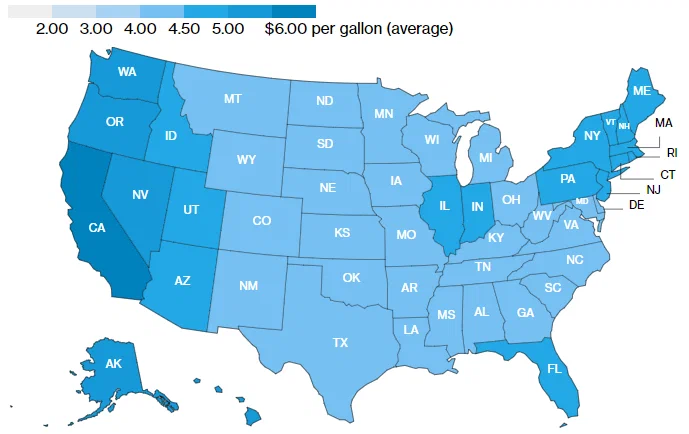 The price of gasoline for the first time in history rose above $ 4 per gallon in all US states