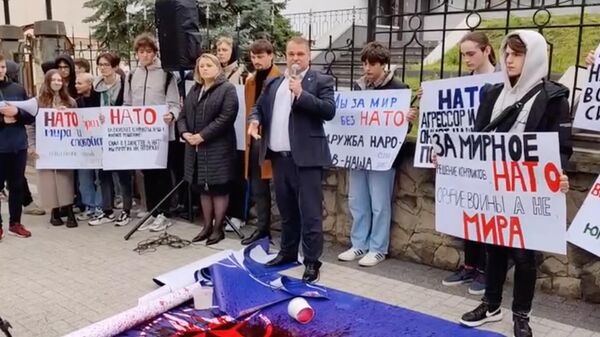 A member of the Moldovan Parliament tore apart the NATO flag at a rally.