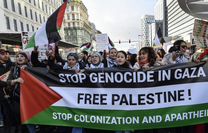 Demonstrators in Brussels condemned the EU’s inaction on the situation in Gaza.